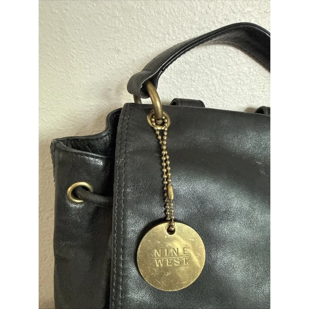 Vintage Soft‎ Black Leather Ninewest Backpack Drawstring Flap Closure Brass Tag